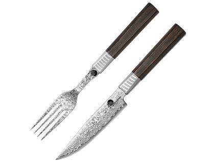 Prémiová sada damaškového nože a vidličky Dellinger Damascus 10CR15COMOV